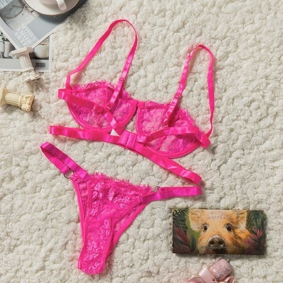 Neon Pink Lace Balconette Bralette Lingerie Set - Picture 6 of 15